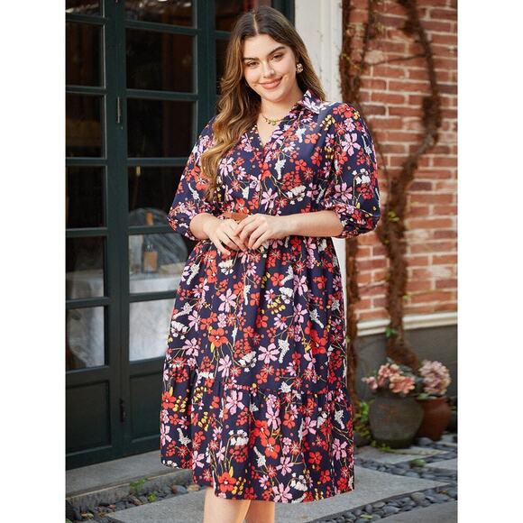 🔥SALE Size • 10 • Medium  BloomChic Floral Print Shirt Collar Ruffled Hem Dress - Picture 1 of 6